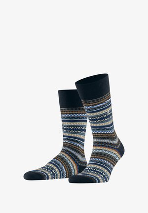 Calzini a righe multicolori con strisce blu, marroni e crema; parte superiore a coste con accenti blu navy; materiale in cotone, che garantisce comfort e durata.