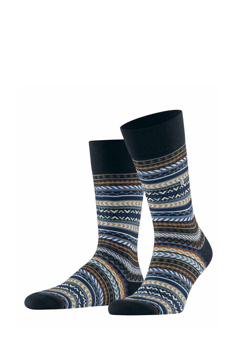 Calzini a righe multicolori con strisce blu, marroni e crema; parte superiore a coste con accenti blu navy; materiale in cotone, che garantisce comfort e durata.