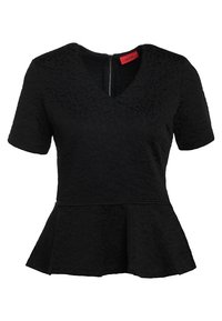 Musta peplum-paita lyhyillä hihoilla, tekstuuripinta, jossa on kukkakuvioita, V-kaula-aukko ja näkyvä vetoketju takana.