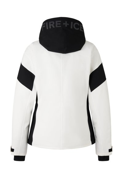 Hvid jakke med sorte detaljer, der har hætte med "FIRE+ICE" branding, elegant design og skræddersyet pasform. Glat tekstur, ingen synlige metaldele.