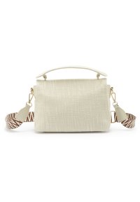 Small beige textured fabric handbag with top handle and detachable wide brown-and-white patterned shoulder strap.