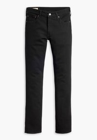 Jean denim noir coupe droite avec cinq poches, passants de ceinture et fermeture par bouton à la taille sur fond blanc.