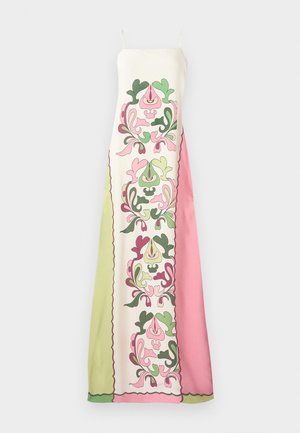 Maxikjole med blomsterprint i pink, grøn og creme, lavet af letvægtsstof; spaghetti-stropper og bølgede kanter.