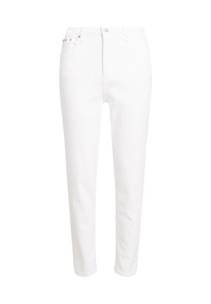 Pantalons en denim blancs à jambes droites avec cinq poches, fermeture à bouton à l'avant et coutures minimales. Texture lisse, sans motifs visibles.