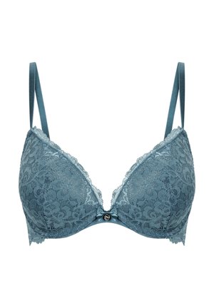 Reggiseno in pizzo blu con spalline regolabili, un piccolo fiocco e un ciondolo rotondo al centro frontale, progettato per supporto e stile.