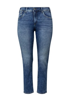 Jean en denim bleu à jambe droite avec poches avant, passants de ceinture, fermeture à bouton et léger effet délavé.