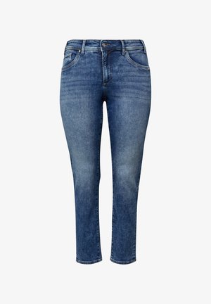 Niebieskie dżinsy proste z kieszeniami z przodu, szlufkami na pasek, zapięciem na guzik oraz delikatnymi przetarciami.