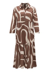 Brown and cream patterned dress with long sleeves, a collar, and a tiered skirt. Made from a soft fabric with a relaxed fit.