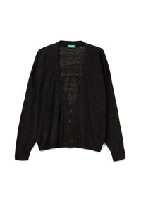 Černý kardigan vyrobený z měkkého pleteného materiálu, s véčkovým výstřihem, dlouhými rukávy a třemi knoflíky na přední straně pro zapínání. Lehká textura.