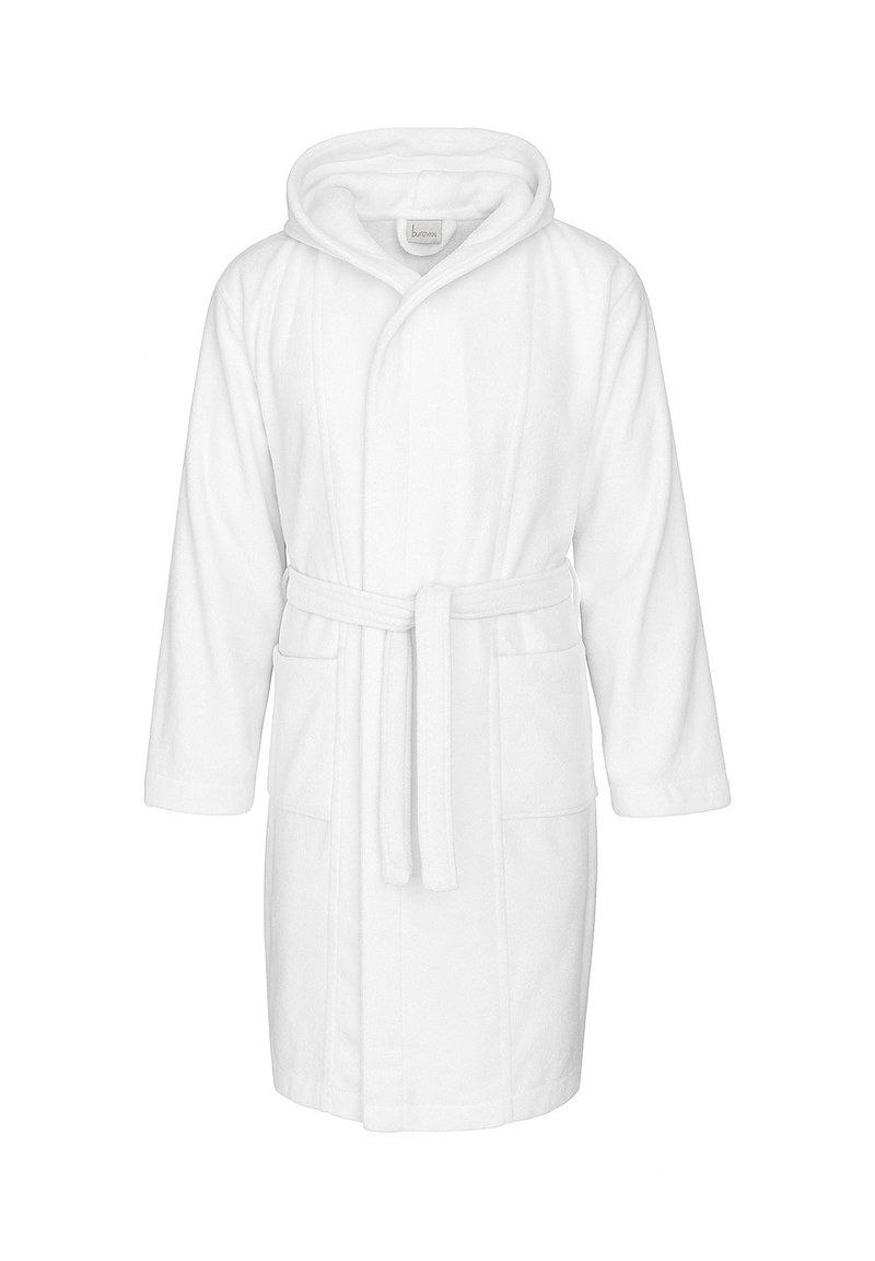 White terry cloth bathrobe with a hood, belt, and two front pockets. Features long sleeves and a soft, textured fabric.