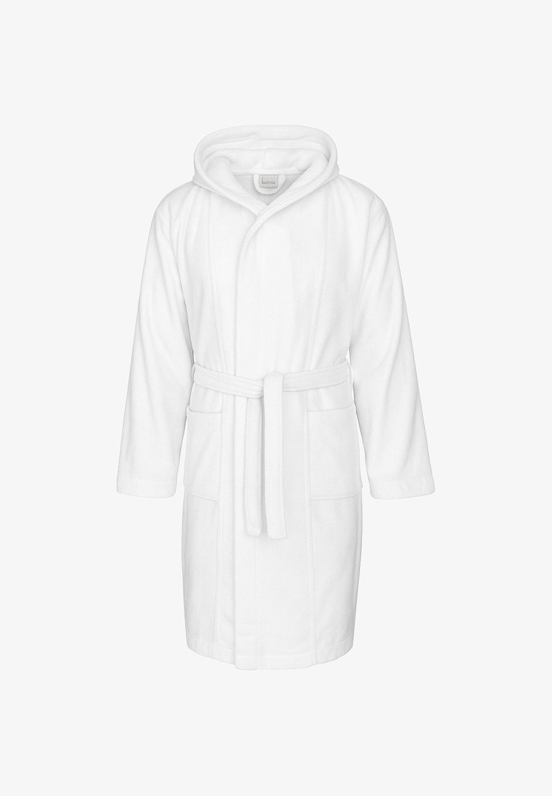 White terry cloth bathrobe with a hood, belt, and two front pockets. Features long sleeves and a soft, textured fabric.