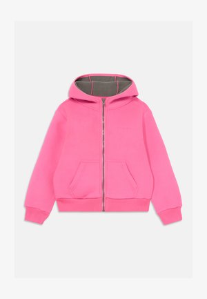 Fleece zip-up hoodie in bright pink with a gray inner lining, kangaroo pockets, ribbed cuffs, and hem. Features a drawstring hood.