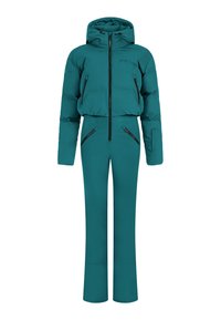 Teal puffer skypak met een capuchon, voorzien van een rits aan de voorkant, meerdere ritszakken en smalle manchetten. Glad textuur en gestroomlijnd ontwerp.