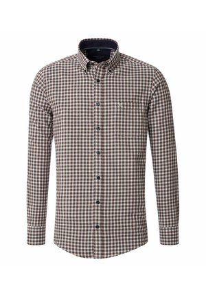 Langärmeliges, knöpfbares Hemd im braun-cremefarbenen Karomuster. Verfügt über einen Spitzkragen, eine Brusttasche und dunkle Knöpfe.