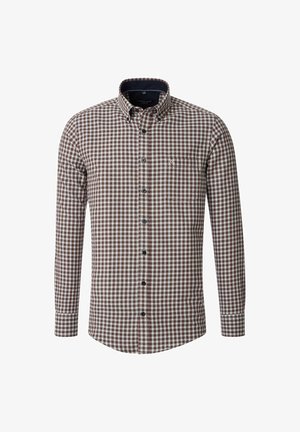 Langärmeliges, knöpfbares Hemd im braun-cremefarbenen Karomuster. Verfügt über einen Spitzkragen, eine Brusttasche und dunkle Knöpfe.