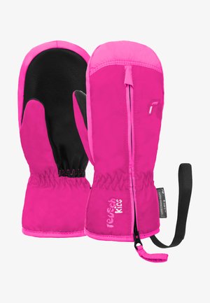 Helle rosa Handschuhe mit glänzendem schwarzen Handfläche, elastischem Handgelenkband, Reißverschlussdetails und verstellbarem Riemen. Hergestellt aus strapazierfähigem Material für Wärme.