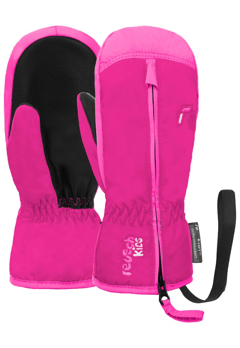 Helle rosa Handschuhe mit glänzendem schwarzen Handfläche, elastischem Handgelenkband, Reißverschlussdetails und verstellbarem Riemen. Hergestellt aus strapazierfähigem Material für Wärme.