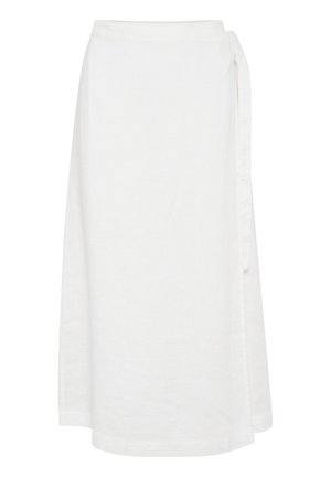 Weißer Leinenwickelrock, knielang, mit einer Schleifenakzent an der Taille. Glatte Textur mit einem klaren, einfachen Design. Keine sichtbaren Muster.