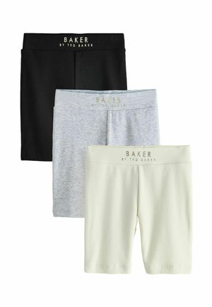 Drei Paar gerippte Biker-Shorts in Schwarz, Hellgrau und Off-White, jeweils mit dem "BAKER BY TED BAKER"-Logo am Bund.