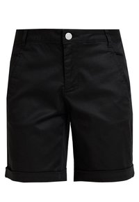 Svarta bomullsshorts med knappstängning fram, två sidofickor och uppvikta fållar. Slät textur och rak skärning.