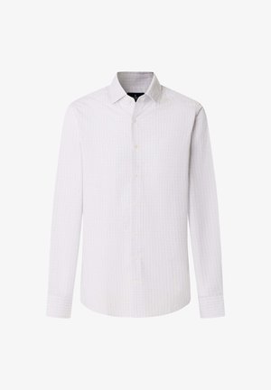 Camicia bianca a maniche lunghe con un sottile motivo a griglia, colletto con bottoni e chiusura frontale a bottoni. Realizzata in un tessuto leggero.