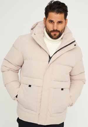 Light beige puffer jacket with a hood, featuring a zip front, two front pockets, and textured paneling in a quilted design.