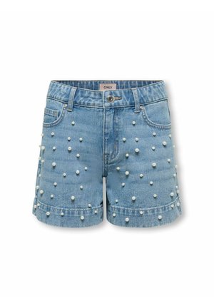 Hele sinised teksapüksid pärlimustritega esiküljel ja üles keeratud äärega, esitaskute ja nööpkinnitusega.