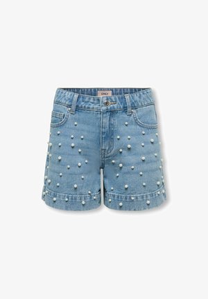 Hele sinised teksapüksid pärlimustritega esiküljel ja üles keeratud äärega, esitaskute ja nööpkinnitusega.