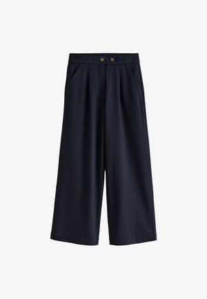 Navy hlače širokih nogavica izrađene od glatkog tkanja, s dvije prednje džepove i zlatnim ukrasnim gumbima na struku.