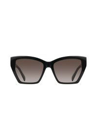 Occhiali da sole a forma di occhio di gatto neri con lenti sfumate, design del telaio angolare, materiale plastico lucido e stanghette larghe.