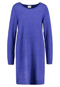 Abito lavorato a maglia a maniche lunghe, lunghezza al ginocchio, di colore blu brillante, con scollo rotondo e polsini e orlo a costine.