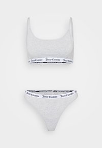 Pilkas medvilnės braletas ir thong rinkinys, turintis platų juosmenį su juodu "Juicy Couture" logotipo spaudiniu. Reguliuojamos juostos ant braleto.