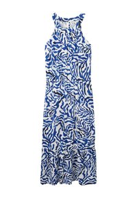 Ärmelloses Kleid mit blau-weißer Zebra-Print, gef gathered Taillierung und gerafftem Saum. Hergestellt aus leichtem Stoff mit glatter Textur.