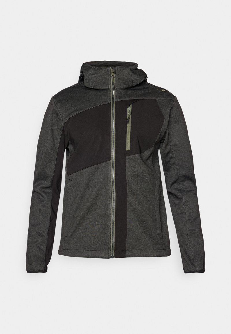Giacca grigio scuro e nera con chiusura a zip, colletto alto e tasca sul petto. Presenta una combinazione di tessuto texture e liscio.