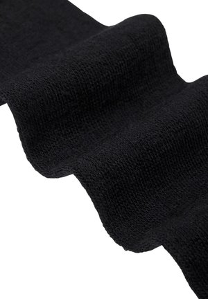 Sort strikket stof med en tekstureret overflade, der viser bløde bølger og kanter. Har et let, elastisk design til alsidig brug.