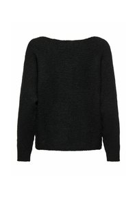 Black knitted sweater with a textured pattern, wide neckline, dropped shoulders, and long sleeves. Relaxed, boxy fit.