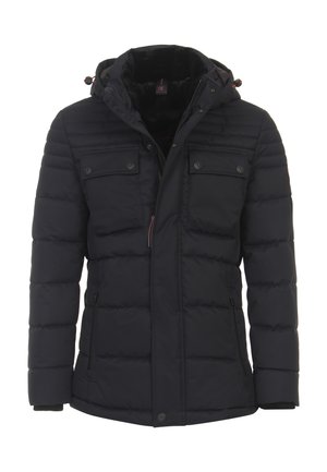 Marineblaues Puffer-Jackett mit Kapuze, ausgestattet mit zwei Brusttaschen und zwei seitlichen Reißverschlusstaschen, strukturiertem Steppdesign und einem Reißverschluss vorne.