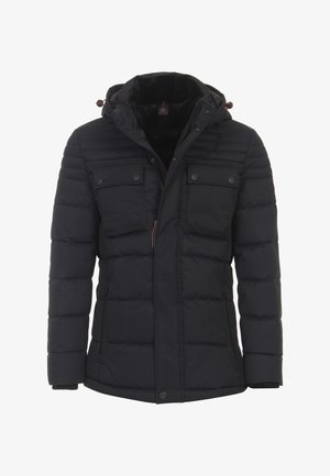 Navy blue puffer jacket with a hood, featuring two chest pockets and two side zip pockets, textured quilting, and a front zipper closure.