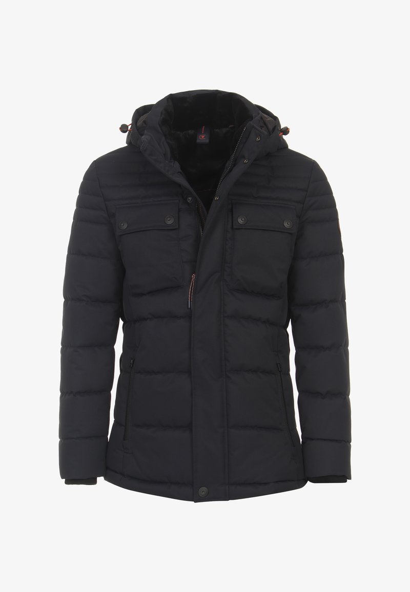 Námornická modrá péřovka s kapucí, která má dvě hrudní kapsy a dvě postranní kapsy na zip, texturované prošívání a přední zip.