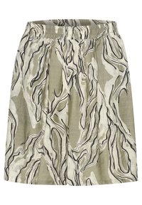 Short en lin à motifs avec une taille élastique, dans des tons de vert et crème avec des lignes abstraites noires, et une coupe décontractée.