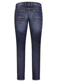 Mörkblå denimjeans med slim fit, som har två bakfickor, synlig söm och en slät midja. Standardlängd med en mjuk textur.