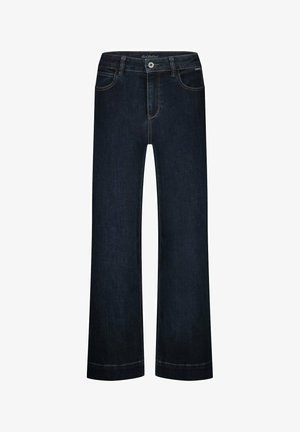 Dunkelblaue gerade geschnittene Jeans mit Vordertaschen, Gürtelschlaufen, Knopfverschluss und sichtbaren Nähten.