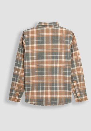 Košeľa s dlhým rukávom s kontrolovaným vzorom v hnedej, šedej a krémovej farbe, s gombíkovými manžetami a klasickým golierom.