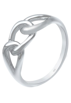 Bague en argent sterling présentant des formes de cœur entrelacées, finition polie, texture lisse et gravée avec "925" sur l'intérieur de l'anneau.