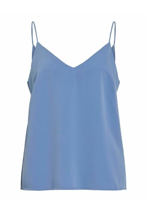 Blå ærmeløs camisole top med tynde spaghetti stropper og V-udskæring, vist på hvid baggrund.