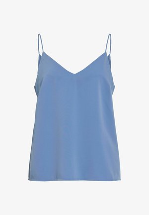 Blå ærmeløs camisole top med tynde spaghetti stropper og V-udskæring, vist på hvid baggrund.