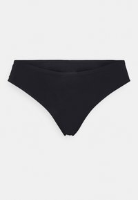 Bas de bikini noir au design simple. Fabriqué en tissu lisse, avec une taille moyenne et une coupe classique offrant une couverture minimale.
