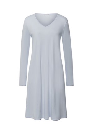 Abito azzurro chiaro a maniche lunghe con scollatura a V, realizzato in tessuto morbido, con una forma a trapezio e che arriva appena sopra al ginocchio.