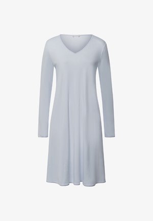 Lichtblauwe lange mouwen jurk met een V-hals, gemaakt van een gladde stof, met een A-lijn vorm en valt net boven de knie.