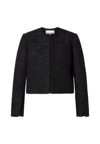 Černá zkrácená bunda s kulatým výstřihem a dlouhými rukávy, vyrobená z texturované látky a se skrytým předním zapínáním.